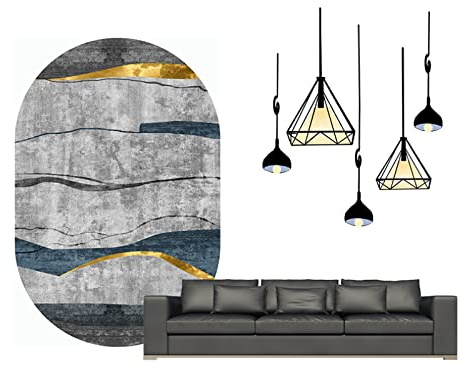 makeups1 Teppich Oval Kurzflor Teppich Wohnzimmer Teppich Designer Teppich Moderner Teppich, zementgrau schwarz Gold gestreift,90 x 160 cm