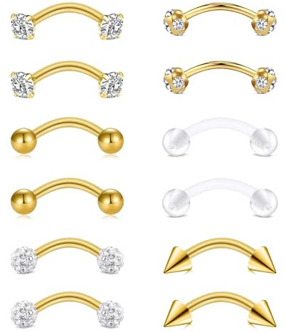 AceFun Curved Barbell 1.2MM 16G 8MM Piercing Rook Earring for Women Men Helix Daith Tragus Ear Piercing Nose Lip Eyebrow Belly Rings Septum Labret Piercing Gold Stainless Steel 8pair gold