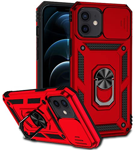 Hitaoyou iPhone 12/12 Pro Case with Camera Cover & Kickstand, Military Grade Shockproof Heavy Duty Protective with Magnetic Car Mount Holder for iPhone 12/12 Pro Red