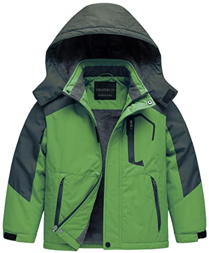 CREATMO US Chaqueta de esquí impermeable para niño, abrigo cálido de invierno, chaqueta de nieve resistente al viento, chaqueta de lluvia para snowboard, Verde, 10-12 años