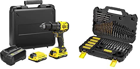 STANLEY FATMAX SFMCD715D2K-QW - Taladro percutor V20 18V Motor brushless con 2 baterías 2Ah, cargador y maletín + STA88548-XJ - Juego de 100 brocas y puntas para atornillar Stanley
