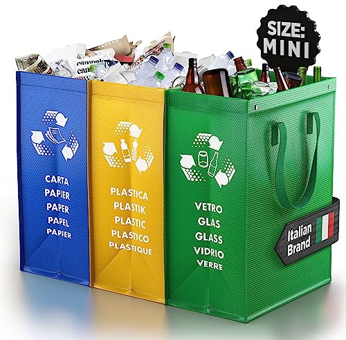 PTMS® Cubos de basura de reciclaje - 3 Cubo basura reciclaje para vidrio, papel y plástico - Bolsas reciclaje en colores estándar - Papelera cocina fácil de vaciar