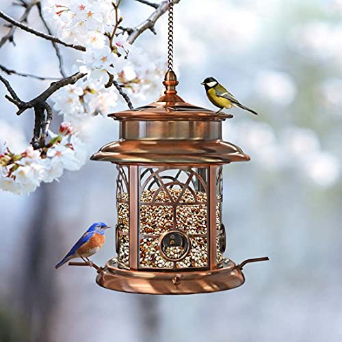 Westcharm Solar Bird Feeder for Outside Hanging | Garden Solar Powered LED Arch Inlay Squirrel Proof Birdfeeder | Outdoor Solar Lantern Feeder for Birds | Gift for Bird Lovers - Antique Copper