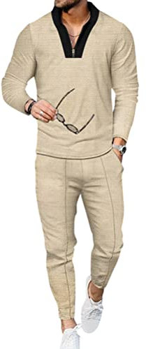 Onsoyours Herren Jogginganzug Freizeitanzug Sportanzug Leisure Suit Tracksuit Joggingsuit Trainingsanzug Sportbekleidung Hausanzug Comfortable Breathable 2-Piece C Khaki XL