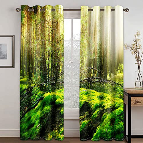 YUIUPD Vorhänge Wohnzimmer Mädchen 200X160cm(HxB), 3D Grüne Moos Sonnige Landschaft Gardinen Mit Ösen Für Schlafzimmer Fensterdekoration Thermo Vorhang Blickdicht Schallschutz Kinderzimmer Ösenschal