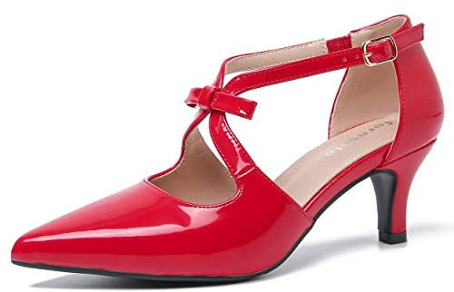fereshte Damen-Pumps mit T-Riemen, 5,1 cm, niedriger Absatz, Schleife, spitzer Zehenbereich, D'Orsay Dressy Pumps, Lackrot, 38.5 EU