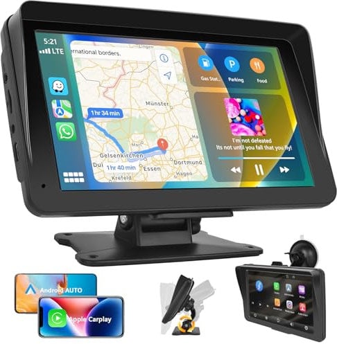 Podofo Portátil Radio Coche con Inalámbric A-pple Carplay/Android Auto, 7 Pulgadas HD Pantalla Táctil con Bluetooth Manos Libres/Mirror Link/GPS/USB/AUX/FM Transmisión/TF/AUX-in