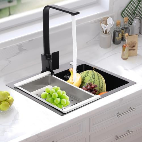Fregadero de cocina empotrable 45 x 40 x 20 cm, acero inoxidable, con desagüe + dispensador de jabón + grifo, negro