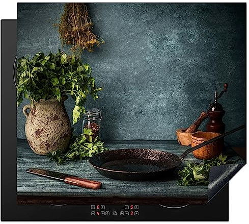 KitchenYeah© Herdabdeckplatte Einteilig Abdeckplatten Cerankochfeld Abdeckung Ceranfeld Herdplattenabdeckung Induktionsmatte Kräuter - Gewürze - Pfanne - Messer - Grau - Rustikal - 59x52 cm