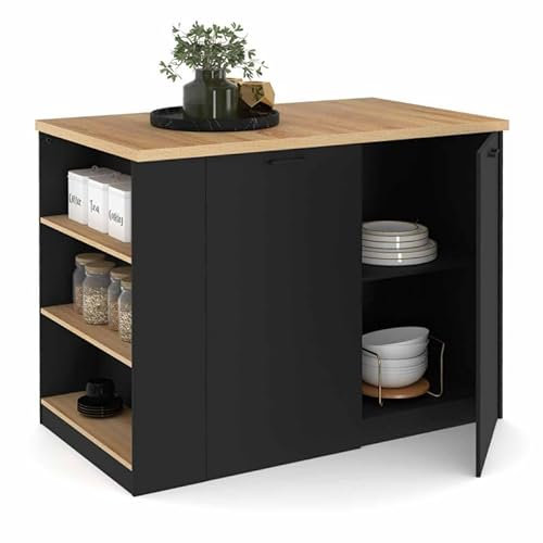 IDMarket – Ilot central TIBO 120 cm madera negra con encimera de haya
