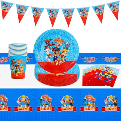 Heartsking Birthday Party Tableware 42 Stück Paw Dog Geburtstag Deko Partygeschirr Set ,Geschirrset mit Party Pappteller Becher Servietten Tischdecke Kindergeburtstag Geburtstagsdeko