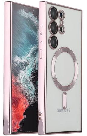 Hülle für Samsung Galaxy S22 Ultra 6.8 [mit Kameraschutz], Magnetisch mit MagSafe Clear Handyhülle,Nie Vergilbung Premium TPU Dünne Weiches Silikon Stoßfest Case (Rosa)