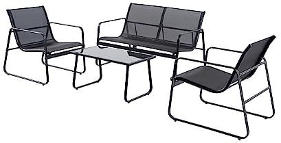 Salon de Jardin Sintra Acier 4 Places Canapé et 2 Fauteuils Noir | Assise textilène profonde, table basse verre trempé, format compact idéal balcon et petite terrasse