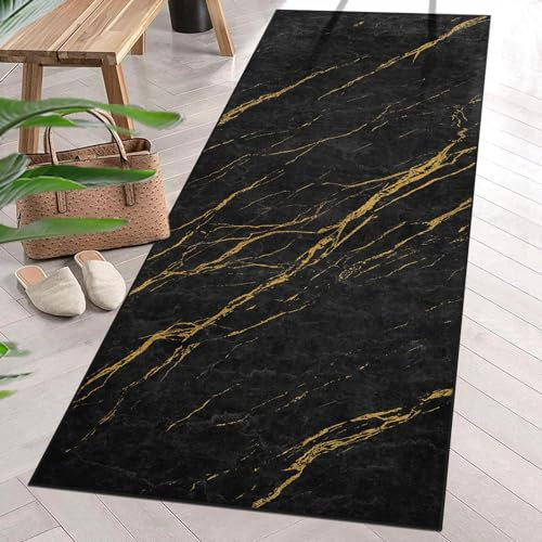 ArtSocket Teppich, Marmor, Schwarz/Gold, Läufer, gelber Stein, Felsboden-Teppich, 60 x 180 cm, rutschfest, waschbar, für den Innenbereich, für Schlafzimmer, Küche, Eingangsbereich, Wäsche, Wohnkultur