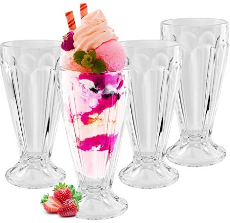 HOMESHOPA Ice Cream Sundae Glasses, Set of 4 Tall Classic Retro American Diner Style Milkshake Soda Fountain Knickerbocker Glory Dessert Glasses, Dishwasher Safe, 350ml