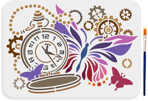 MAYJOYDIY Uhr Schmetterlings Schablone 29.7 × 21cm Zahnraduhr Schmetterlings Schablone Mit Pinsel Wiederverwendbare Vintage Antik Taschenuhr Schablone Zum Malen Auf Möbeln Holz Leinwand Papier Wand