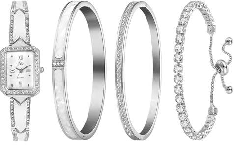 Avaner Damenuhr Armband Set Silber: Rechteck Stacking Armreif Analog Quarz Uhr Edelstahl Cubic Zirkonia Love Cuff Charm Armband Schmuck Set für Frauen Mädchen