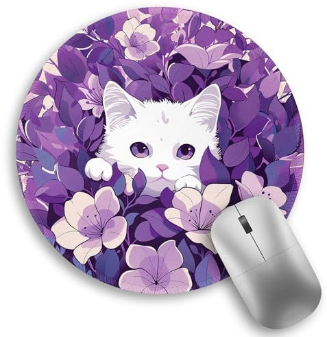 Weiße Katze, violettes Blumen-Mauspad, kleine runde Mauspads für den Schreibtisch, Kawaii, niedliches Mini-Reise-Mauspad für kabellosen Computer, Laptop, Büro-Schreibtischzubehör, 21,8 x 21,8 cm