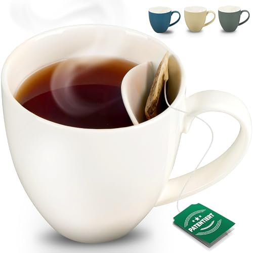 Neighbour's Friend Patentierte Teetasse weiss mit Beutelablage I Keramik Tasse groß 325ml I Teebecher Steingut I Keramiktasse für Tee I Spülmaschinengeeignet Teetassen I Modernes Design für Teetrinker