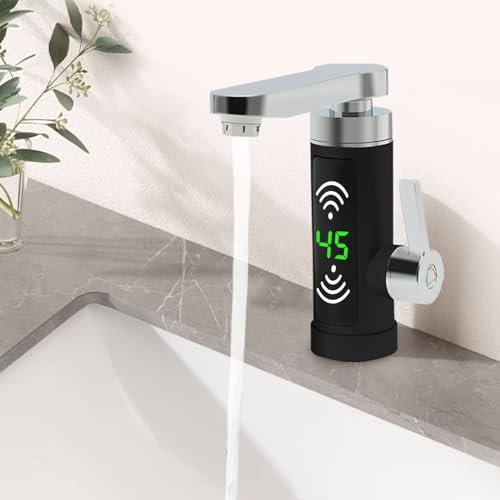 3000 Watt elektrischer Wasserhahn 360° schwenkbarer Durchlauferhitzer Warmwasserhahn mit LED-Temperaturanzeige Für Küche und Bad (schwarz)