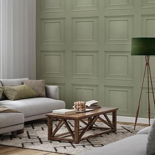 SOPHIE LAURENCE Panel Sage Green Wallpaper - 3D Wood Effect, Washable, 5.32sqm Coverage, 0.53m x 10.05m Roll, Modern Smooth Matte Finish for Any Room