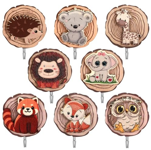 Sprifityy 8 unidades de percheros infantiles, Ganchos de Madera Autoadhesivos, Percheros con Forma de Animal para Niños, Ganchos de Pared de Madera, Regalo Decorativo para Habitación Infantil