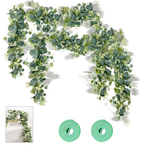 2 Stück Eukalyptus Girlande, 1,8m Verschlüsselt Eukalyptus Deko Künstliche Pflanze, Künstliche Girlanden Eukalyptus mit Kabelbinder für Hochzeiten Partys Esstische Kaminsimse Treppen Türrahmen
