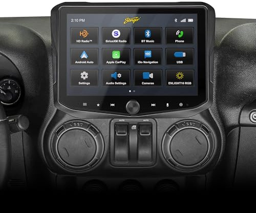 Stinger Horizon10 10,1 Zoll Jeep Wrangler JK (2011-18) bündiges Stereo-Radio Komplett-Set, HD IP65 Touchscreen, zertifiziertes kabelloses CarPlay & Android Auto, Off-Road-Messgeräte, HDMI, Bluetooth