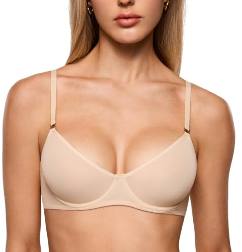 INLYRIC Women's Sheer Demi Balconette Bra - Sexy Mesh Unlined Underwire See Through Demi Bras Beige - Size Up One Cup 34F