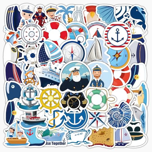 EUFFO Nautische Aufkleber 100 Stücke, Kapitän Kreuzfahrtschiff Sticker Set für Koffer Laptop Scrapbook Journal Kindle Helm Motorrad Skateboard Auto Fahrrad Computer Wasserfeste Segelboot Decals