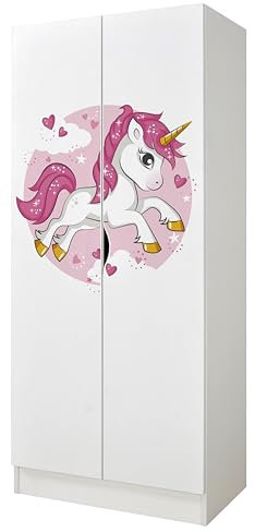 Leomark Weiß zweitüriger Kleiderschrank für Kinder (Pink Unicorn)
