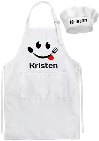 Backquik Juego de delantal y gorro de chef personalizado para niños con nombre, para niñas, niños, jugar, pintar, cocinar, manualidades, Blanco, Medium/Large