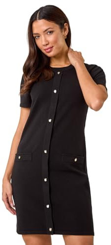 Roman Originals Knitted Button Detail A-Line Dress for Women UK - Ladies Everyday Autumn Winter Round Neckline Comfy Soft Evening Vacation Work Party Night Out - Black - Size 16