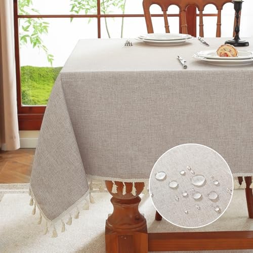 meioro Rechteckige Tischdecke, Wasserbeständige mit Lotuseffekt Quaste Tischtuch Polyester Tischabdeckung, Wasserdicht Tischdecken Tischschutz für Küche Esszimmer Bankett Dekoration (Khaki,140x220cm)