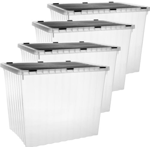 2friends 4er Set Aufbewahrungsbox mit Deckel Groß 50 Liter – Stapelbare Plastikboxen für Büro, Küche, Garage & Kinderzimmer, Praktische Kisten mit Clip-Verschlüssen, Lüftungsklappen, Made in EU