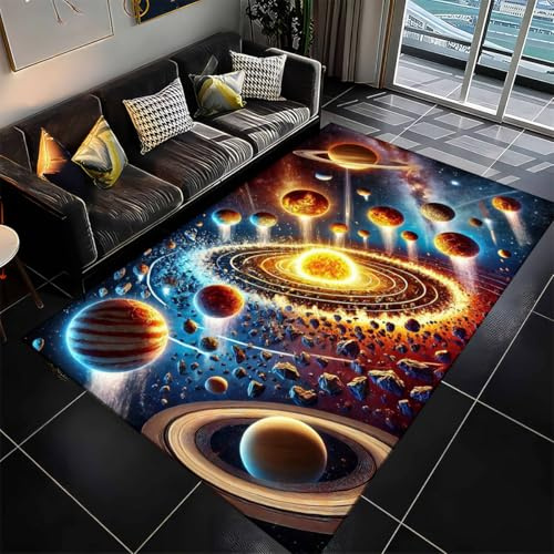 Xisnuient Galaxy Star Wohnzimmer Teppich Planet Erde Stern Big Bereich Teppich Mädchen Jungen Jugendzimmer Kinderzimmer Teppich Coole 3D-Gedruckter rutschfeste Teppich (Gelb,80x160cm)