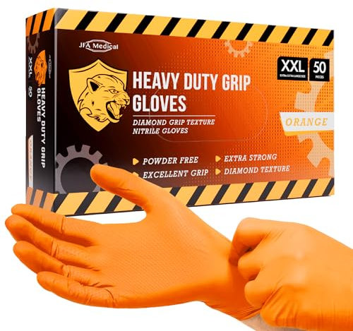 JFA Medical Disposable Heavy Duty Mechanic Powder Free Latex Free Orange Diamond Grip Nitrile Gloves - Box of 50 (Extra Extra Large)
