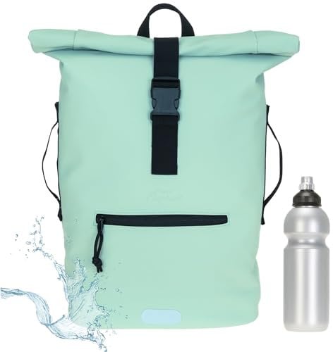Rucksack Herren Plane Time Bag Kurierrucksack Roll-Top Fahrradrucksack Sport Fitness Damen 23 Liter A4 12821 + Flasche (Pastell Mint Grün (1) 12825)