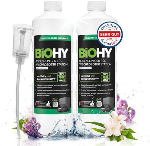 BiOHY Nettoyeur de sol pour station robot, serpillère avec parfum printanier (2 x 1 litre) + distributeur, agent de nettoyage concentré pour tous les aspirateurs serpillères et robots avec fonction