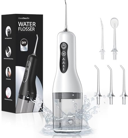 Munddusche Kabellos Elektrischer, Mundduschen Testsieger mit 4 Modi und 5 Ersatzdüsen, IPX7 Wasserdichter Doppelt Wasser Zähne Flosser zur Lösung von Mundproblemen und zum Aufhellen der Zähne. Weiß