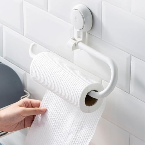 Kitchen Roll Holder, White Plastic Suction Cup Paper Towel Holder, Wall Mounted Self Adhesive KitchenRoll Holder, No Drilling, RollHolder Kitchen Wall Suitable for KitchenBathroom and Sink