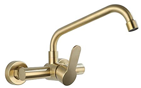 Grifo de cocina montado en la pared dorado cepillado, mezclador de doble temperatura para fregadero de acero inoxidable, grifo de agua fría y caliente, diseño moderno para uso doméstico y comercial