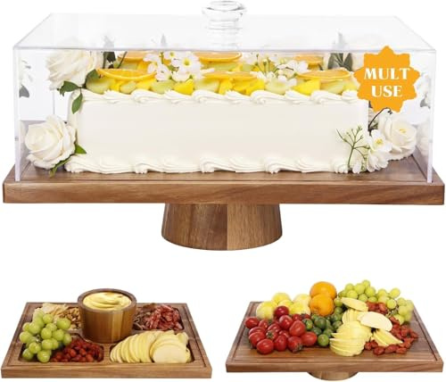 Krbnk Holz Kuchen Stand mit Deckel.2-in-1 rechteckige Dessert Tisch Display Set und Charcuterie Board mit Deckel für Käse, Obst, Gemüse, Donuts, Chips, Dips für bruchsichere Acrylabdeckung (43x33 cm)