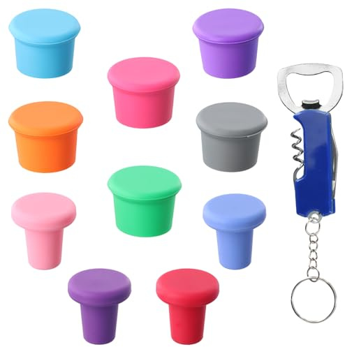 Ziyonix Lote de 10 Tapones para Botellas de Vino con un Abridor de Botellas, Tapas de Botellas de Cerveza Universal, Tapón de Silicona Botella, Tapon Botella Cristal (Multicolor)