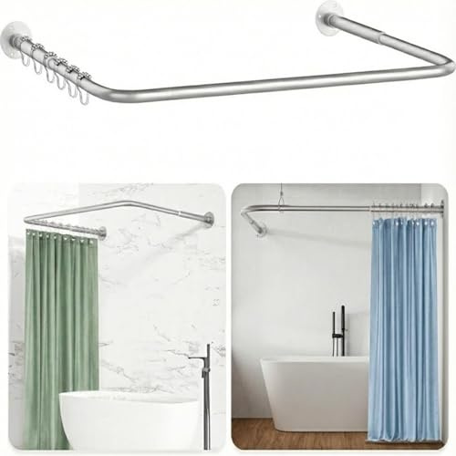 Barre de douche rétractable de type U/L, barre d'angle en acier inoxydable 304, antirouille et durable, avec 12 anneaux de rideau de douche, dimensions : 75 x (150-190) x 75 cm