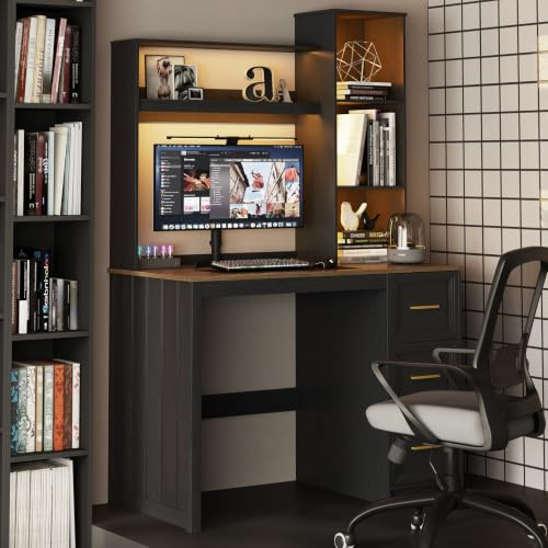 Gurexl 66″ Office Desk with 2 Power Outlet and 5-Tier Shelf for Study,Black | Study Table with 3 Drawers and USB Ports for Living Room,Home Workstation with 2 Power Outlet and LED for Bedroom