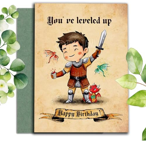 TinyTami Pen & Paper Rollenspiel Geburtstagskarte Level Up Ritter Kämpfer mit Drachen Postkarte Soft Touch Inkl. Umschlag Geschenkkarte für Gamer & RPG