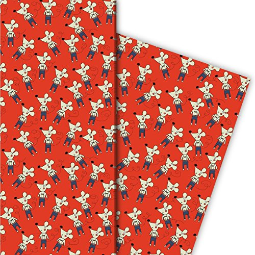 70er Jahre Kinder Geschenkpapier mit kleinen Mäusen, rot, für tolle Geschenk Verpackung und Überraschungen (4 Bogen, 32 x 48cm)