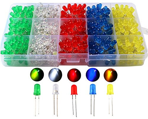 CESFONJER 500pcs x 5mm Light Emitting Diode, Diffused 2pin Round Color White/Red/Yellow/Green/Blue Kit Box (5 colors x 100pcs)