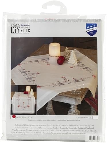 Vervaco Stickpackung Kreuzstich Set Vorgedruckt Tischläufer Weihnachtlich Rot/Grau Stickdecken Vorgezeichnet DIY Basteln Kreativ Stickläufer zum Selbersticken 40 x 100 cm Stickset